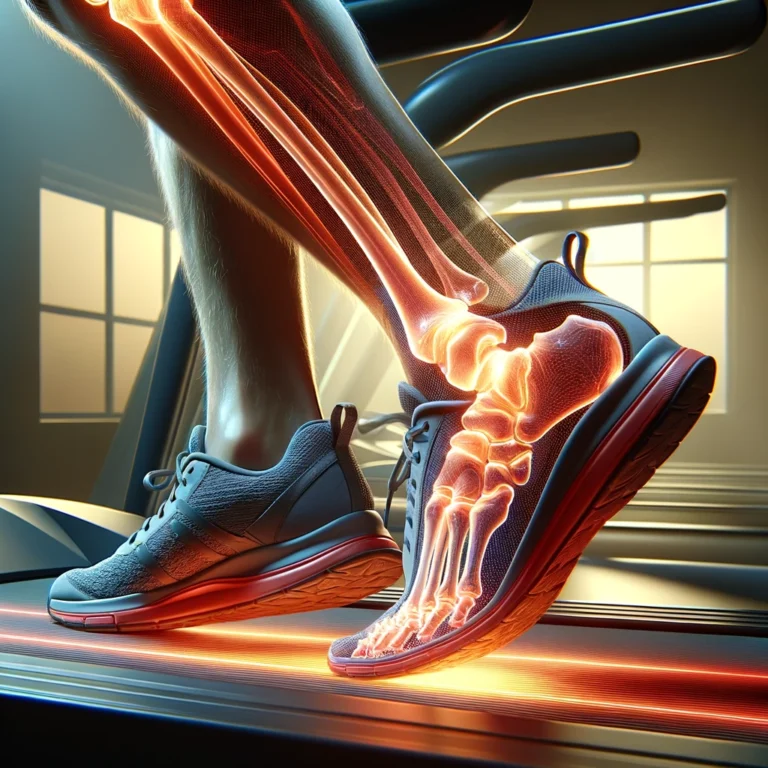 DALL·E 2024-05-08 19.23.33 - A photorealistic image showing the side view of a person's foot in a running shoe, stepping down on a treadmill